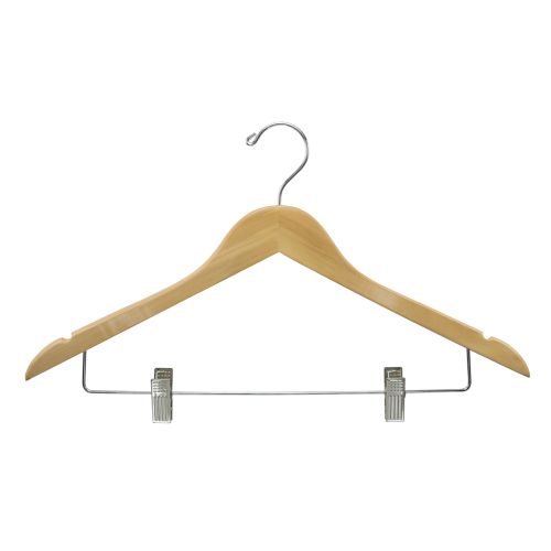 Women's Hanger, Flat Open Hook with Clips, Natural with Nickel Hook & Clips